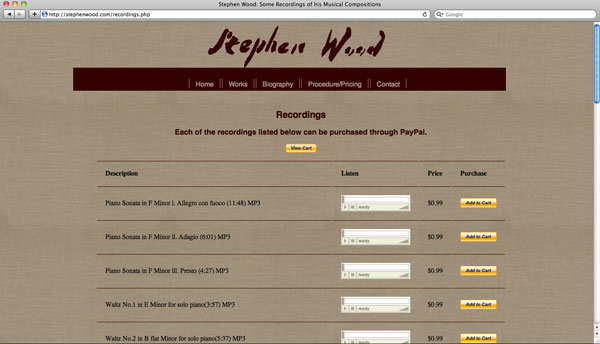 image of page from Stephen Wood website with recordings of his musical compositions